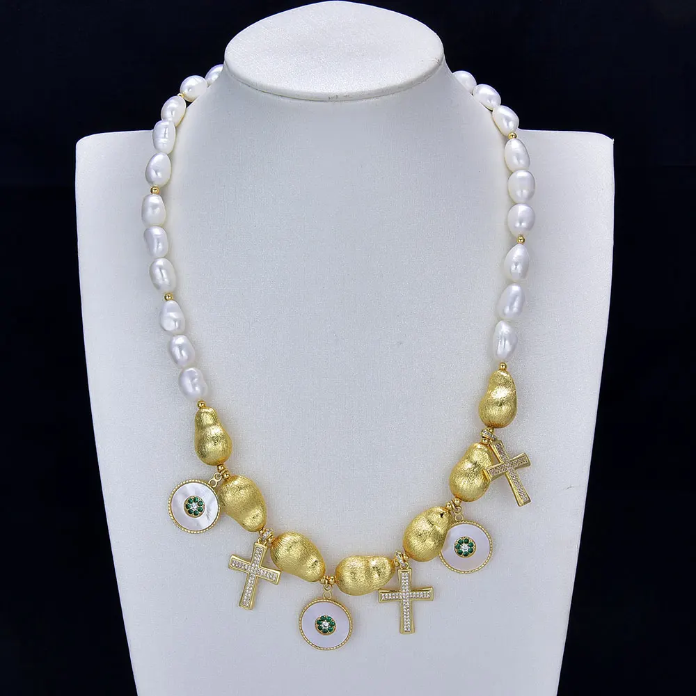 

G-G Cultured White Keshi Pearl Gold Plated Brushed Beads Necklace Shell Flower Cross CZ Pendant Handmade For Lady