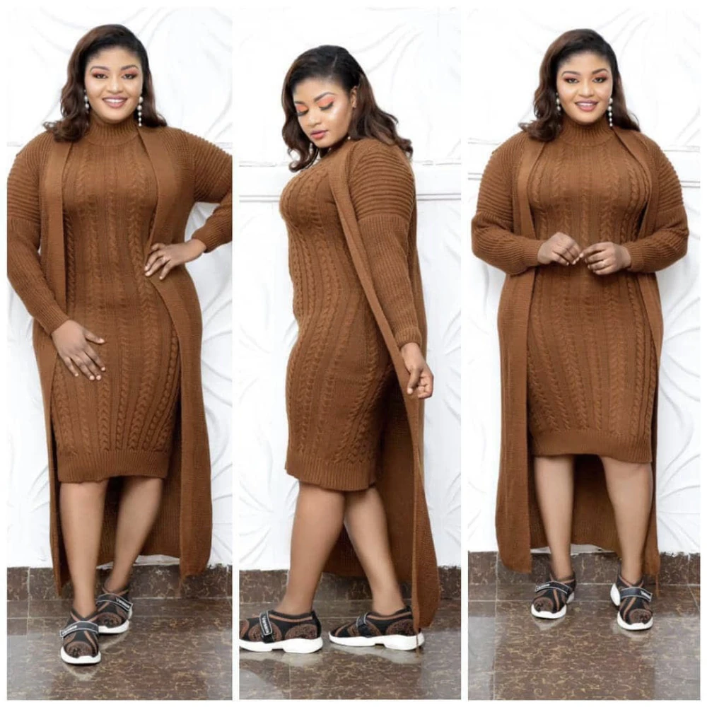 

Europe, America and Africa Women's Knitted Sweater Set Skirt Slim Plus Size High Neck Loose Elastic Two-piece Set ML103Q16