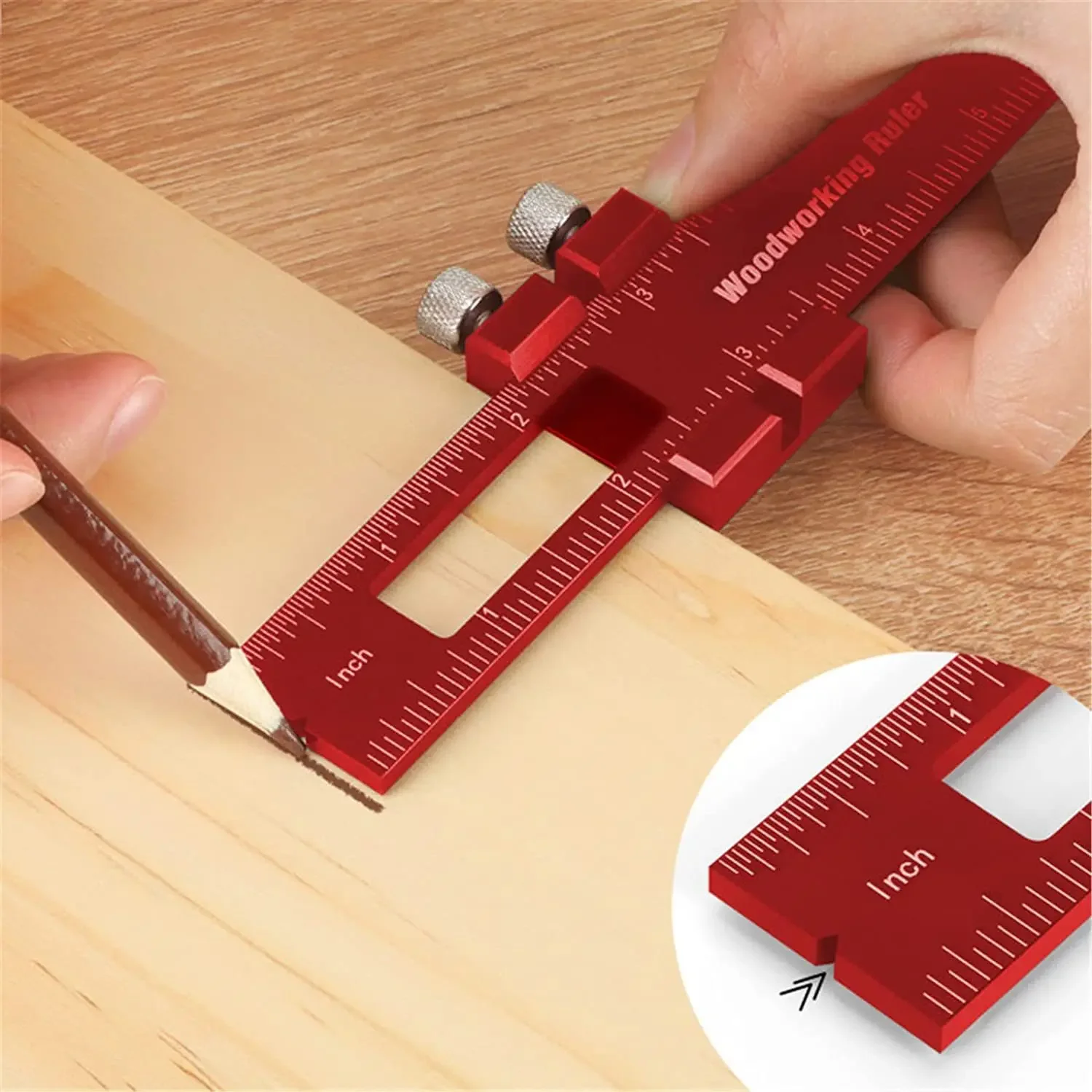 

Aluminum Alloy 3 Sets of Red T-shaped Woodworking Tools Round Hole Ruler Portable Woodworker DIY Multifunctional Scriber Ruler