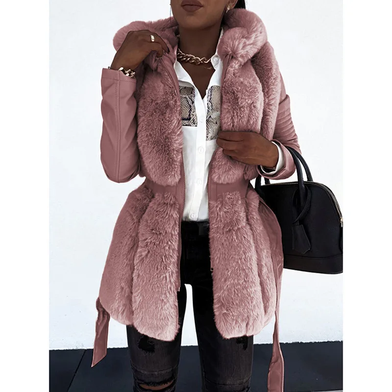 2023 Winter New Women Temperament Hooded Faux Fur Coat Fashion Patchwork Leather Large Size with Belt Solid Color Zipper Jacket