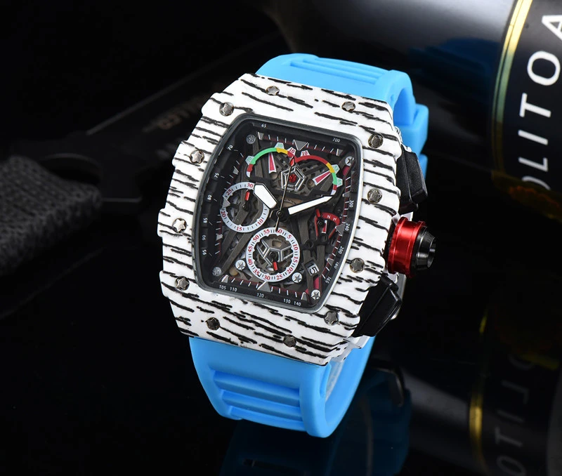 2022 Full-featured 6-pin Men's High Quality Quartz Watch Hollow Glass Back Stainless Steel Case Watch Black Rubber