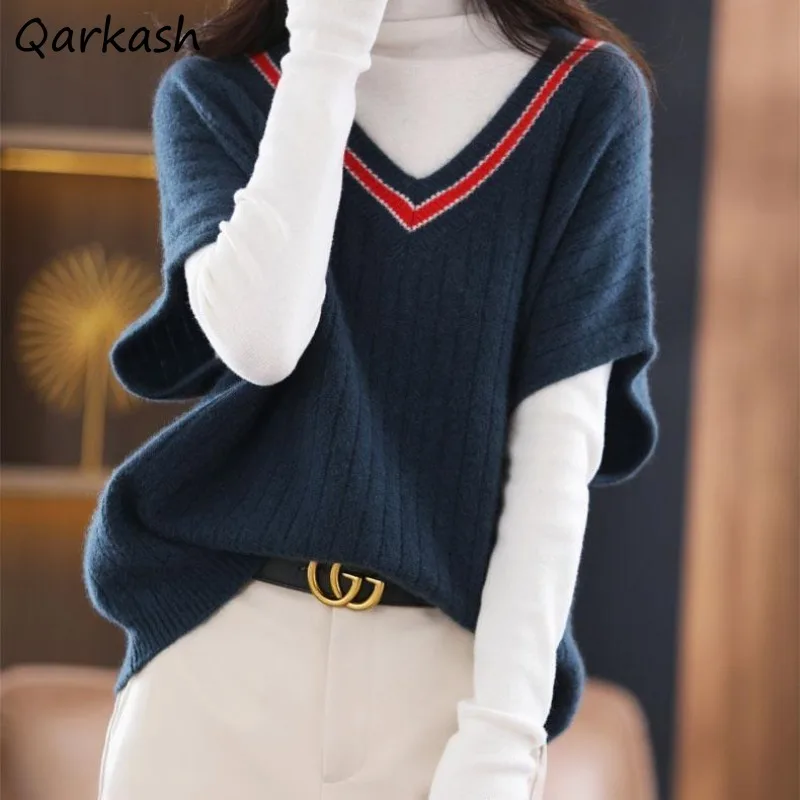 

Knitted Pullovers Women Tops V-neck Panelled Chic Vintage All-match Loose Autumn Winter Baggy Slouchy Elegant Female Fashion New