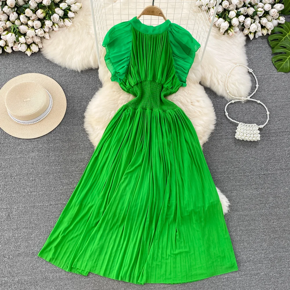 

New Fashon Flying Sleeves Elegant Woman Pleated Dress Green Waist Up Slim A-line Pleated Midi Long Dress For Women Holiday