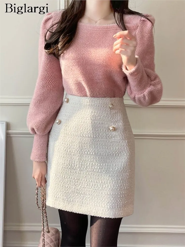 

High Waist Tweed Spring Autumn Mini Skirts Women Korean Style Bodycon A-Line Ladies Skirts Diamond Fashion Office Woman Skirts
