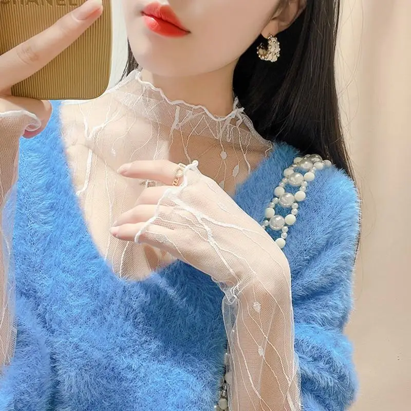 Sexy Mesh Women's T-Shirt Summer Fashion Thin Bottom Shirt Lace Sheer Long Sleeve Blouses Ladies Tops High Neck Tee Solid Color 4