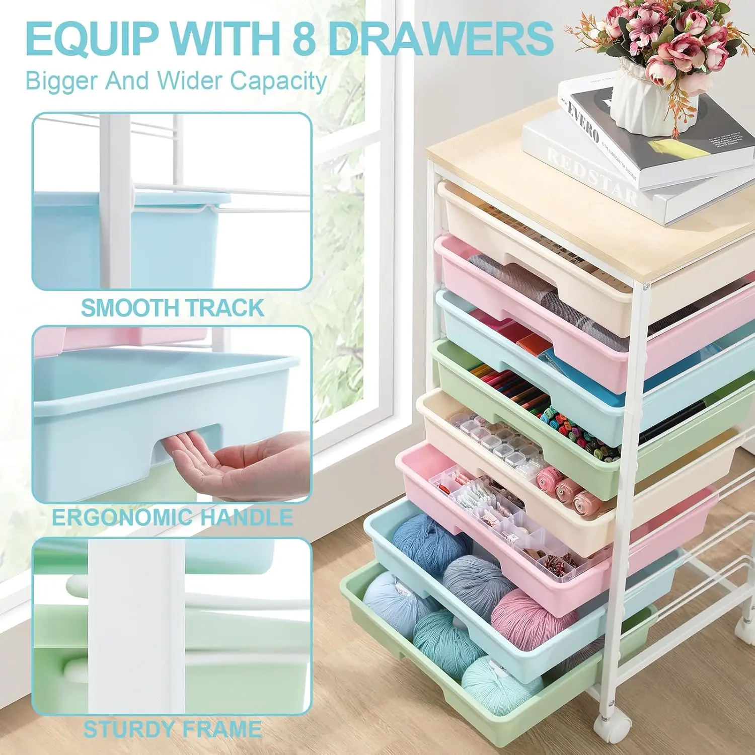 Rolling Storage Cart with Drawers,Utility Cart Drawers and Wooden Tabletop,Rolling Drawer Cart 3