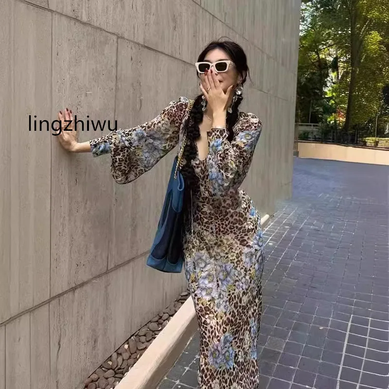 

lingzhiwu Leopard Long Dress Tailand Designer Floral Print Ladies Elegant Sea Shore Holiday Dresses New Arrive