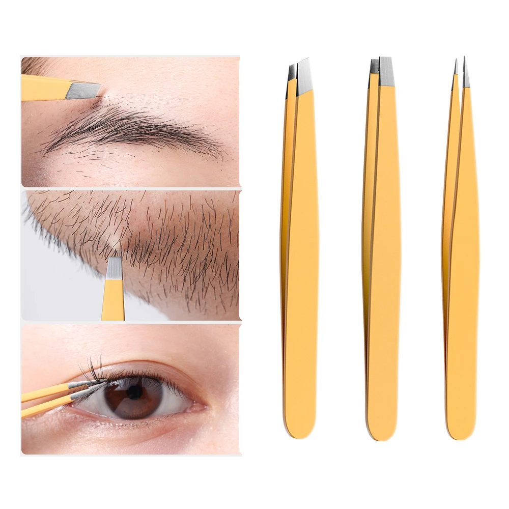 3PCS Stainless Steel Eyebrow Clip Squeeze Pimples Tweezers Pull Beard