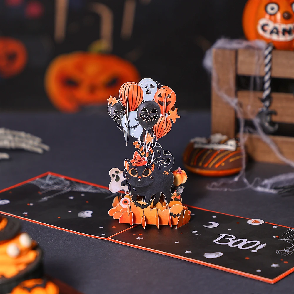 Halloween Greeting Card Balloon Black Cat Pop Up 3D Greetings Card Postcard Lovely Gifts For Friends Kids Couple