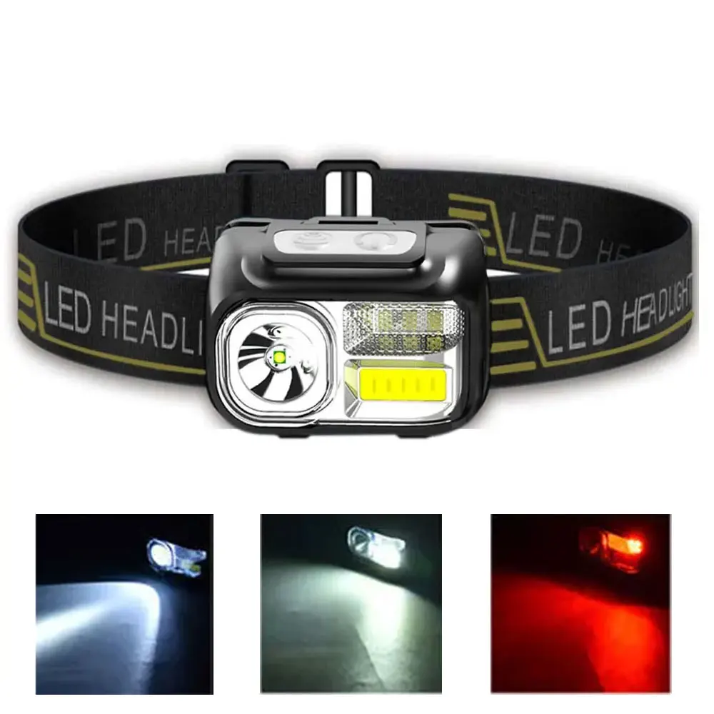 

Sensing head lamp Induction Head light USB Rechargeable Headlamp + Built in Battery XPE COB White / Red LED Fishing Flashlight