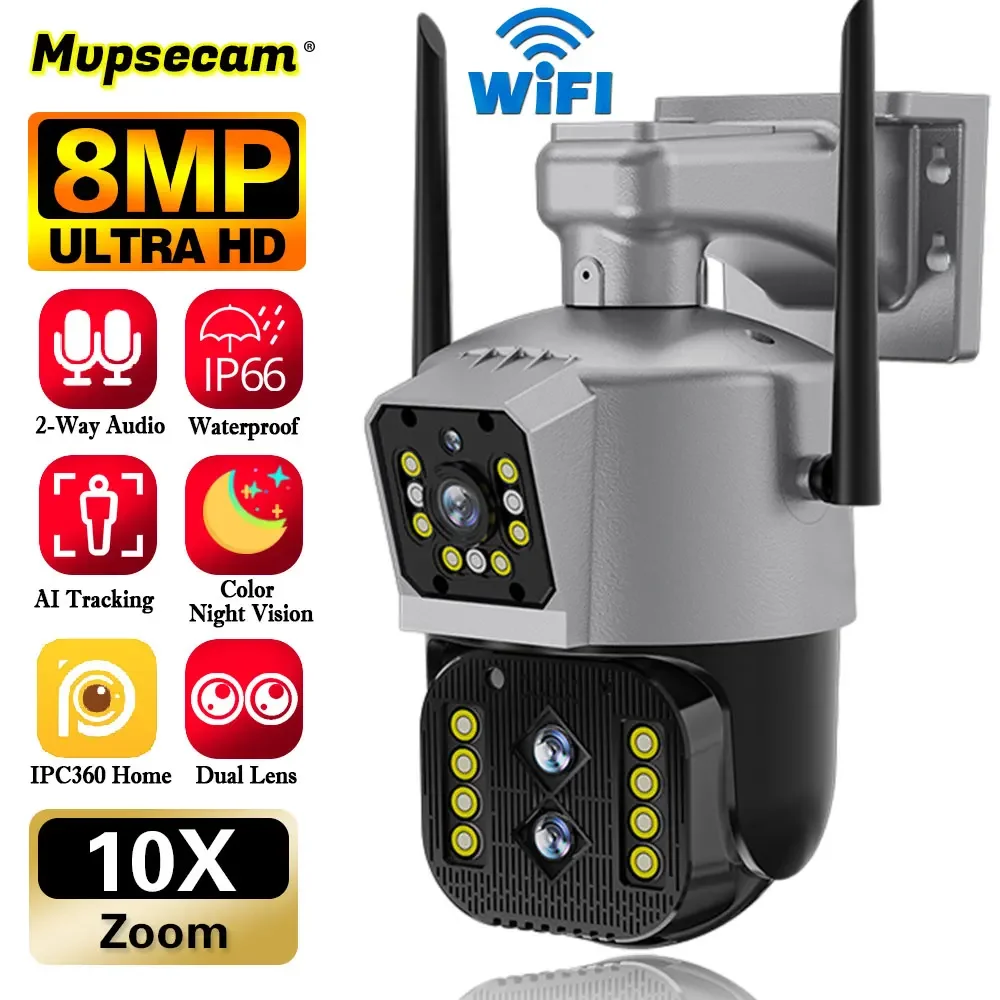 Color 8MP 4K IP Camera Outdoor WiFi PTZ Three Lens Dual Screens 10X Optical Zoom Auto Tracking Waterproof Security CCTV IP Cam 8mp ptz 4k ip camera 20x optical zoom color night poe imx415 security cctv surveillance camera hikvision agreement