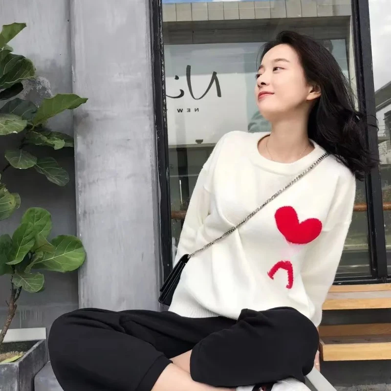 Spring And Autumn New Round Neck Love Slimming Sweater Trendy Fashion Loose Sweet Versatile Knitted Sweater Women's Top