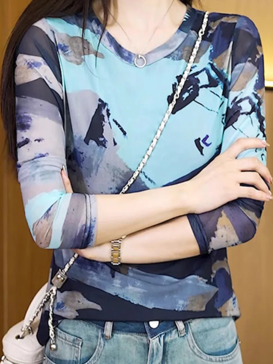 Blue Water Ink Painting Print Long Sve T-irt Women's Me Thin Casual Versatile Anti-Aging Slimming Top for Summer