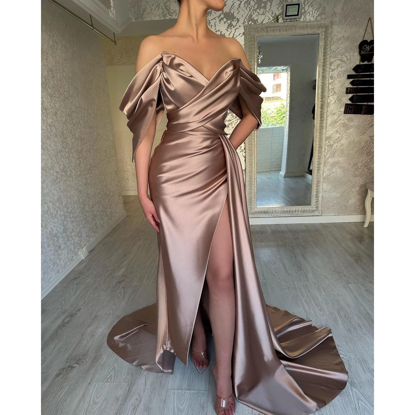 

Satin Off The Shoulder Evening Dress Split Pleated Sleeveless Luxury Prom Party Sexy Vestidos De Fiesta Elegantes Para Mujer