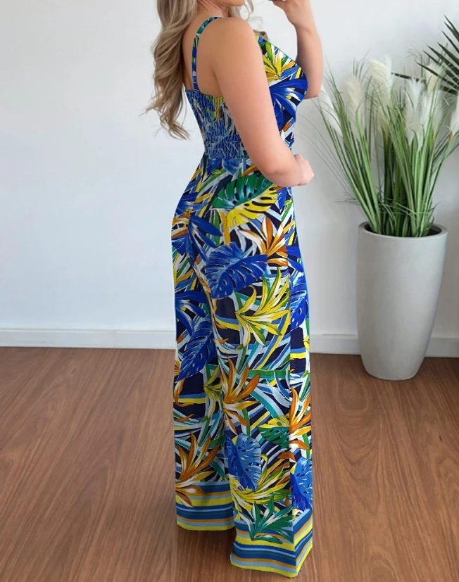Jumpsuits for Women New Casual High Waisted Wide Leg V-Neck Tropical Print Shirred Women One Pieces Bodysuit Elegant Jumpsuit