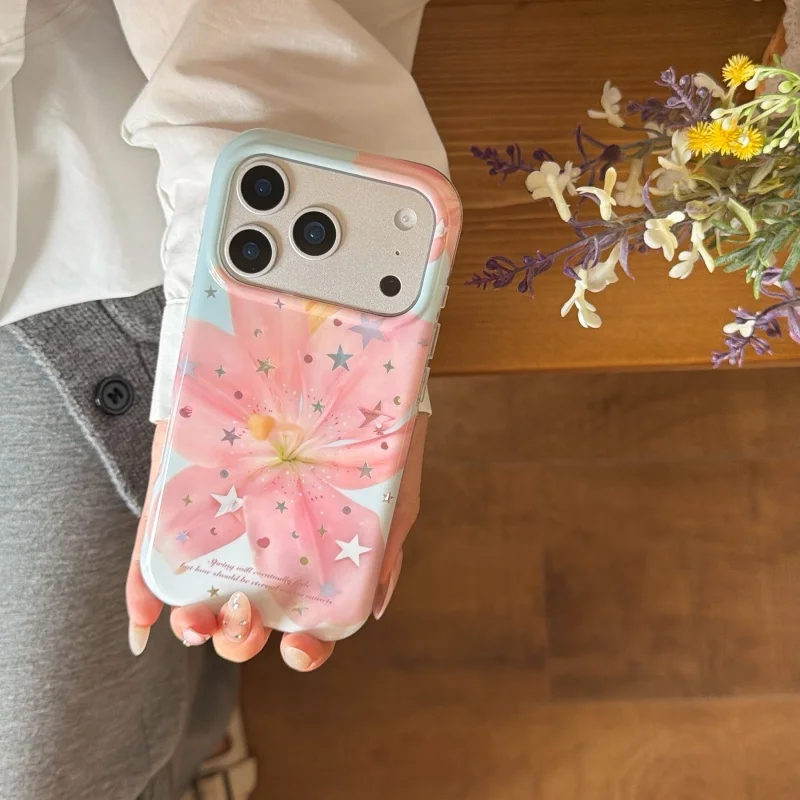 รูปสินค้า เคสโทรศัพท์มือถือลายลิลลี่ชมพูและดาวทอง