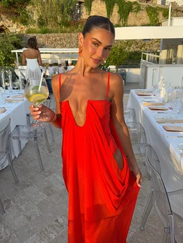 Vibrant Holiday Flowy Maxi Dress Deep U Chic Bohemian Chiffon Loose Fit Women Dresses Beach Vacation Summer Party Outfit 1