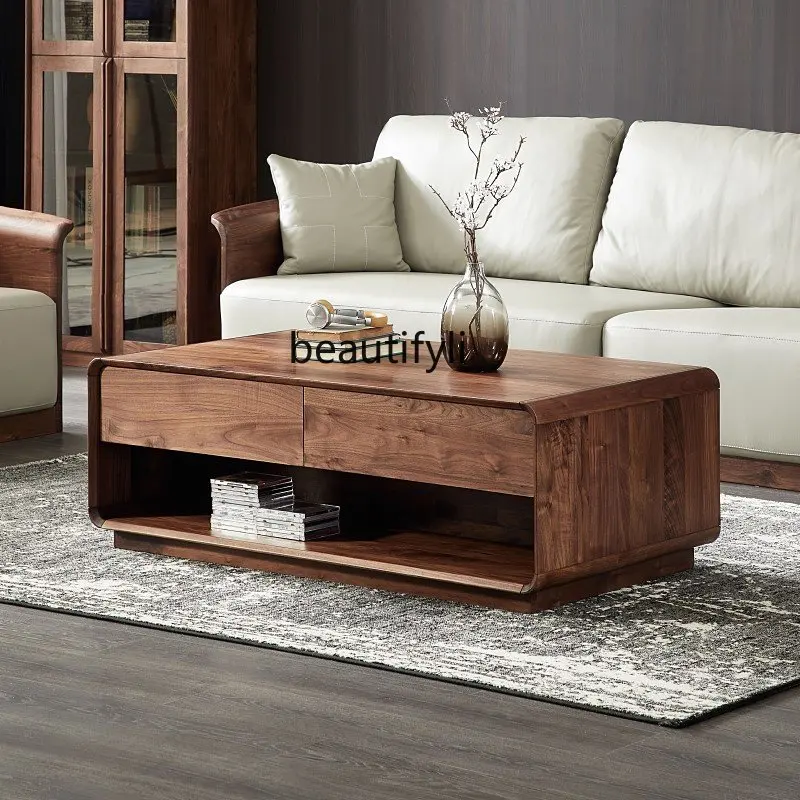 

yj North America Black Walnut Solid Wood Tea Table Storage Rectangular Tea Table Modern Minimalist Furniture