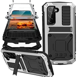 Rugged Military - Grade Shockproof Aluminum Phone Case with Screen Protector - Galaxy S23 Ultra (Silver)