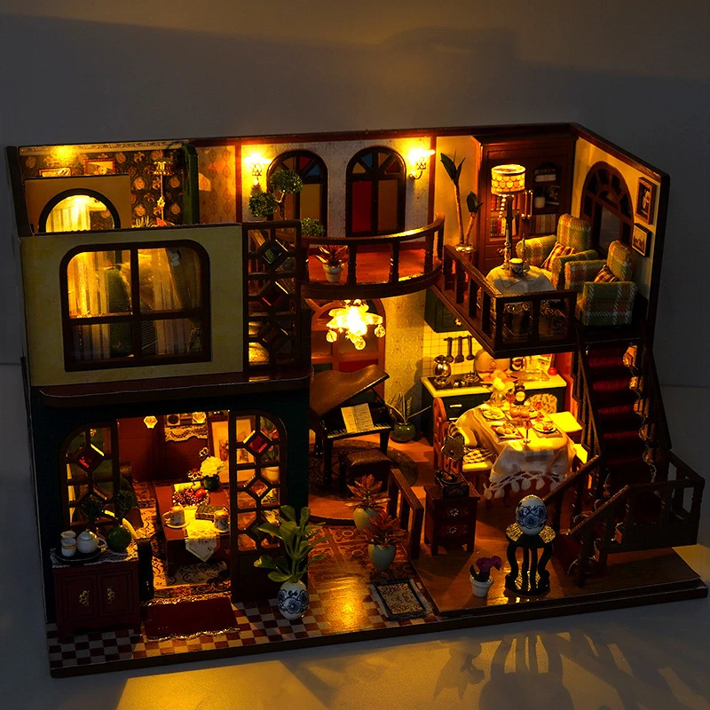 DIY Wooden Miniature Model Kit European Villa Casa 3D Puzzle Dollhouse With Furniture Lights Home Decor House for Friends Gifts 3