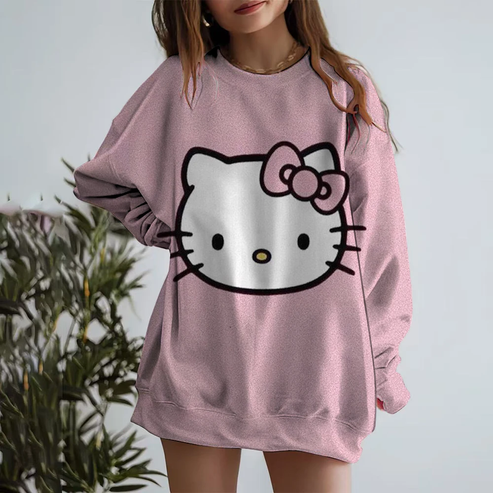 ملابس رياضية نسائية غير رسمية للشارع هالو كيتي كورومي بقلنسوة برسوم كارتونية، سترة صوفية فضفاضة وناعمة، رقبة دائرية من الصوف