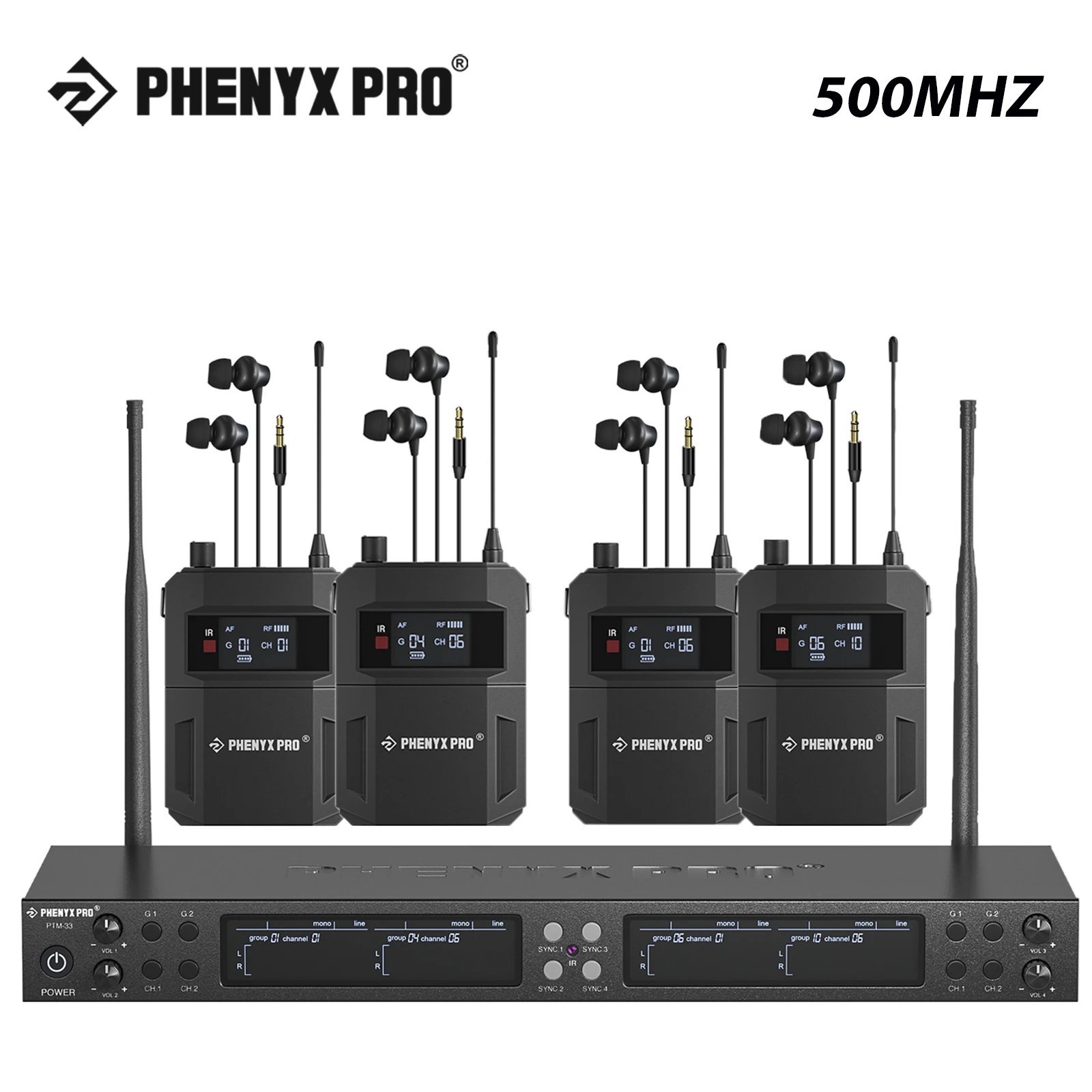 Phenyx Pro Quad-Channel 500mhz Mono Wireless In-Ear Monitor System w/4 Loop Outputs UHF Frequencies Rack Mount for Studio/Band wireless in ear monitor