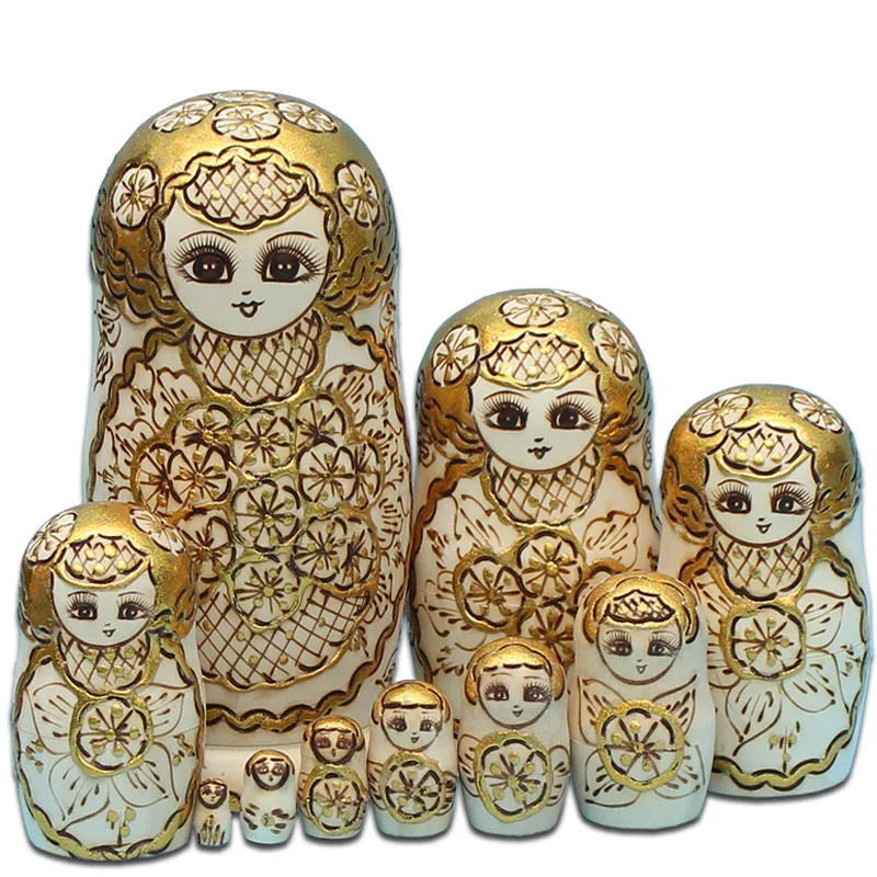 10pcs/set Wood Doll Russian Nesting Dolls Golden Matryoshka Dolls Creative Christmas Gifts Traditional Matryoshka Toys