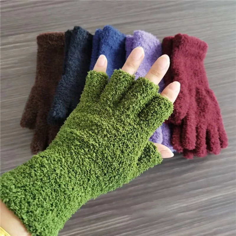 Korallen Fleece Handschuhe Frauen Mädchen Einfarbig Touchscreen Fingerlose Handschuh Winter Warm Verdicken Plüsch Halb Finger Schreiben Fäustlinge – Detail 2