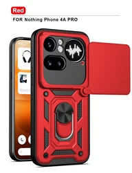Heavy Duty Shockproof Camera Slider Phone Case with Matte Finish and Ring Holder Kickstand for Nothing Phone (4a) Pro (Red)
