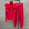 Women's Winter Knitted Sweater Pants Set Lady Fashion Tracking Suit Sweater Fox Fur Shoulder Stand Collar Pullover 4