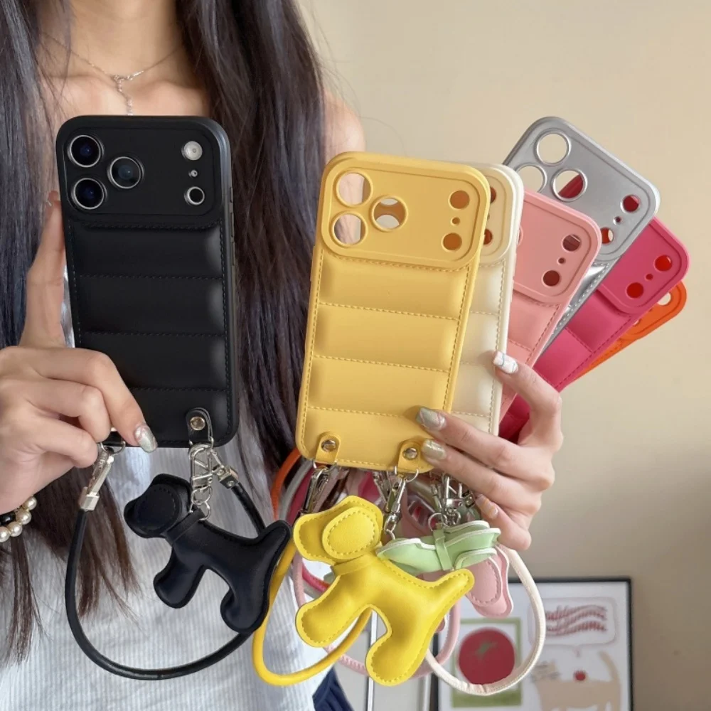 Cartoon Dog PU Leather Lanyard Phone Case with Creative Down Jacket Design