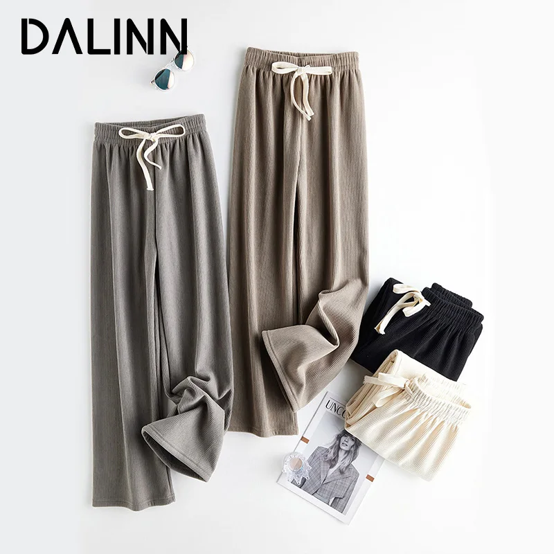 Woman Winter Wide Leg Pants, Elastic Waisted, Pleated Full Length Fleece Trousers 2023 Fall Warm Chic Bottoms, DALINN