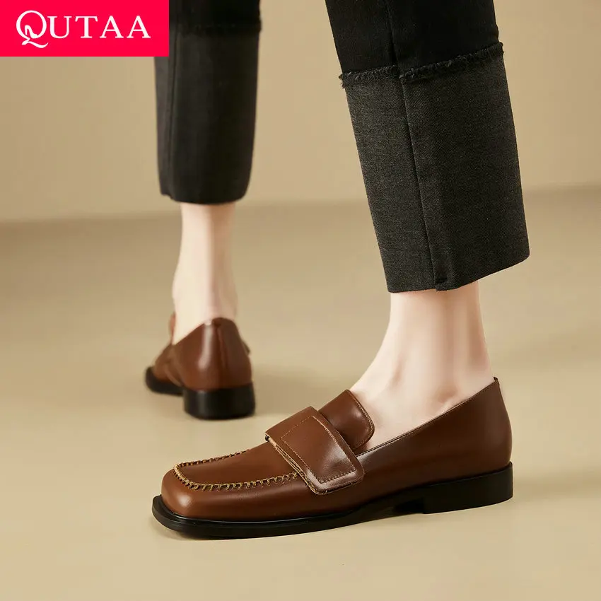 

QUTAA 2023 Women Pumps Spring Summer Loafers Office Ladies Party Square Toe Low Heels Basic Genuine Leather Shoes Size 34-39