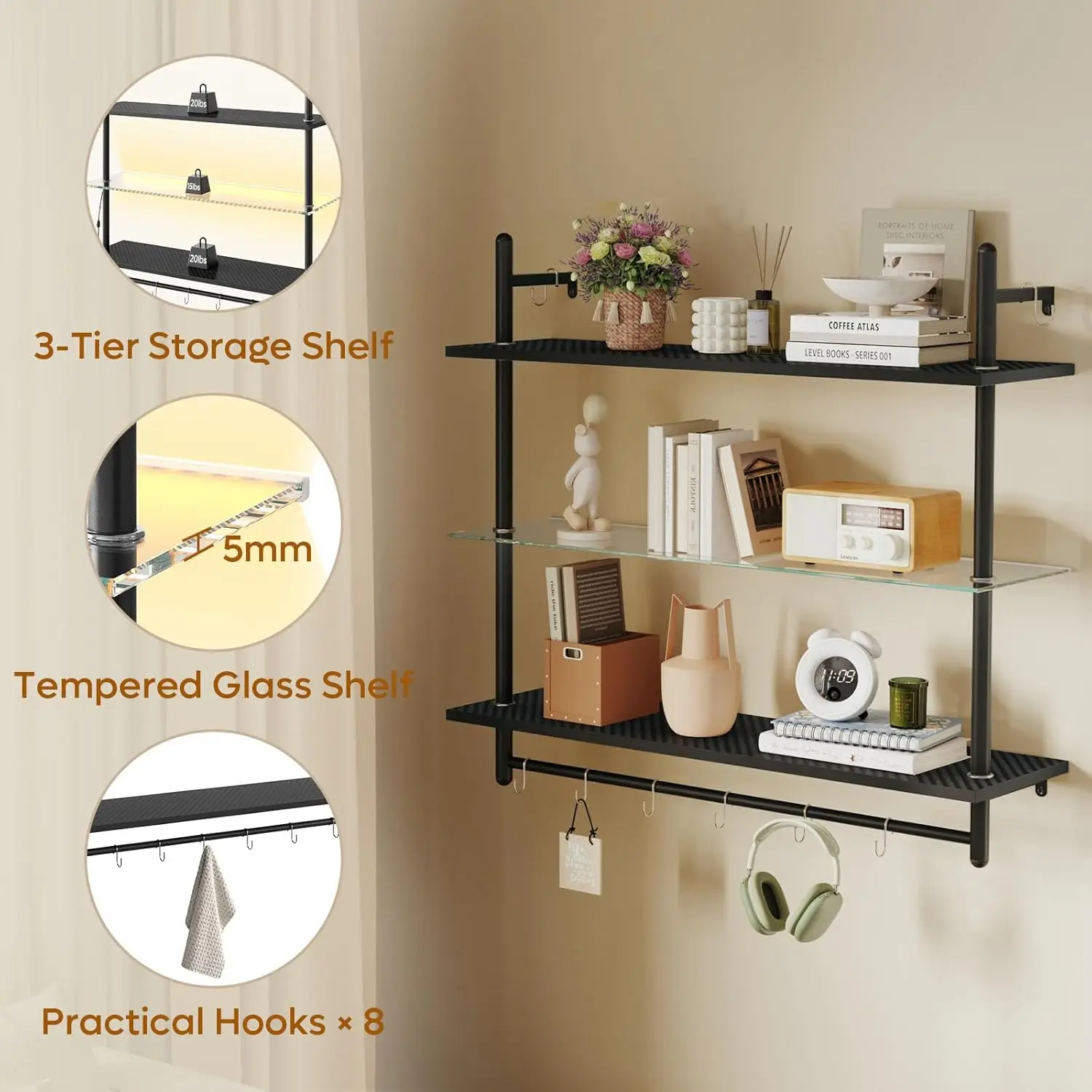 Gaming LED Floating Shelves for Wall, 41" Wall Mounted Shelf Pipe Glass Shelves, 3 Tier Hanging Display Rack with 8 S-Hooks Towe 5