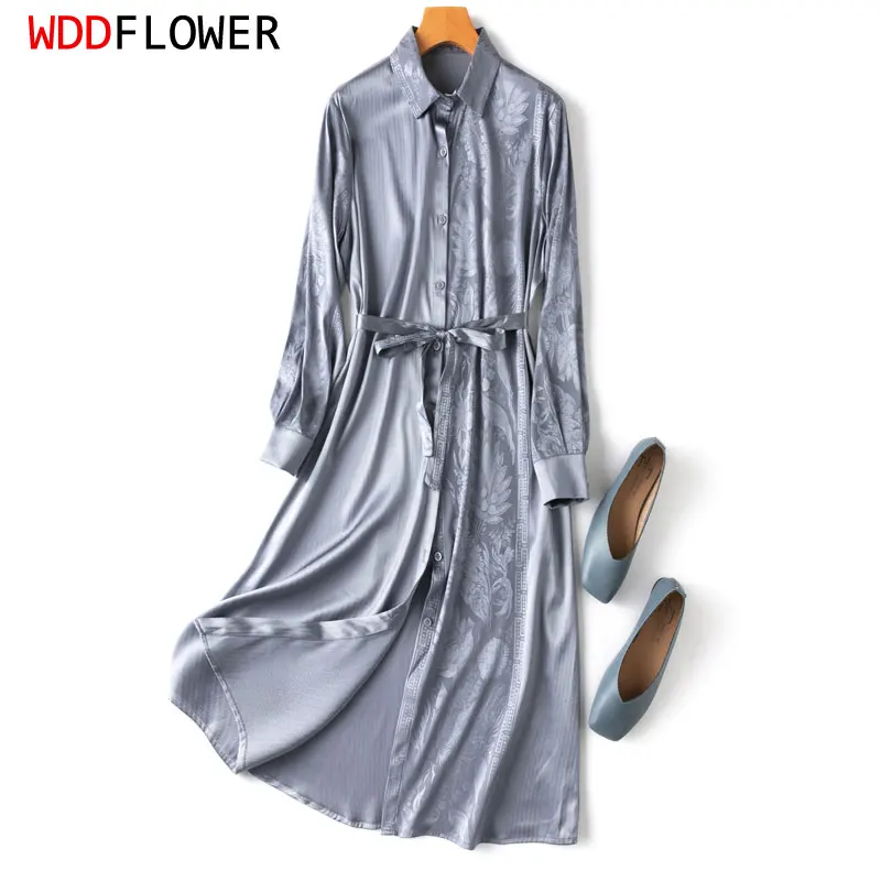 

Women Silk Shirt Dress 93% Mulberry Silk 7% Spandex 21 Momme Jacquard Long Sleeve Belted Waist Blue Gray Color Midi Dress MM701