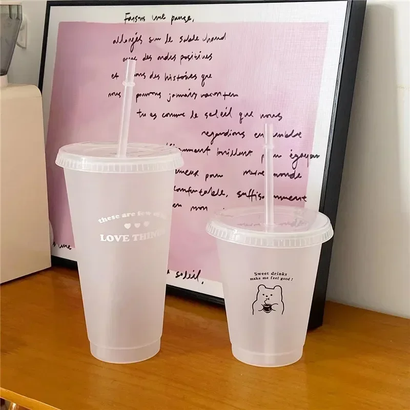 470/700ml 귀여운 한국어 스타일 PP 소재 휴대용 물병 커피 주스 우유 차 컵 플라스틱 쿨 컵 뚜껑 짚 재사용 가능