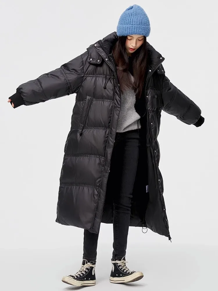 

Women Down Parka Mid Length Black Jacket Baggy Winter Waterproof Warm Duck Feather Down Female Hooded Puffer Coat Bubble Outwear
