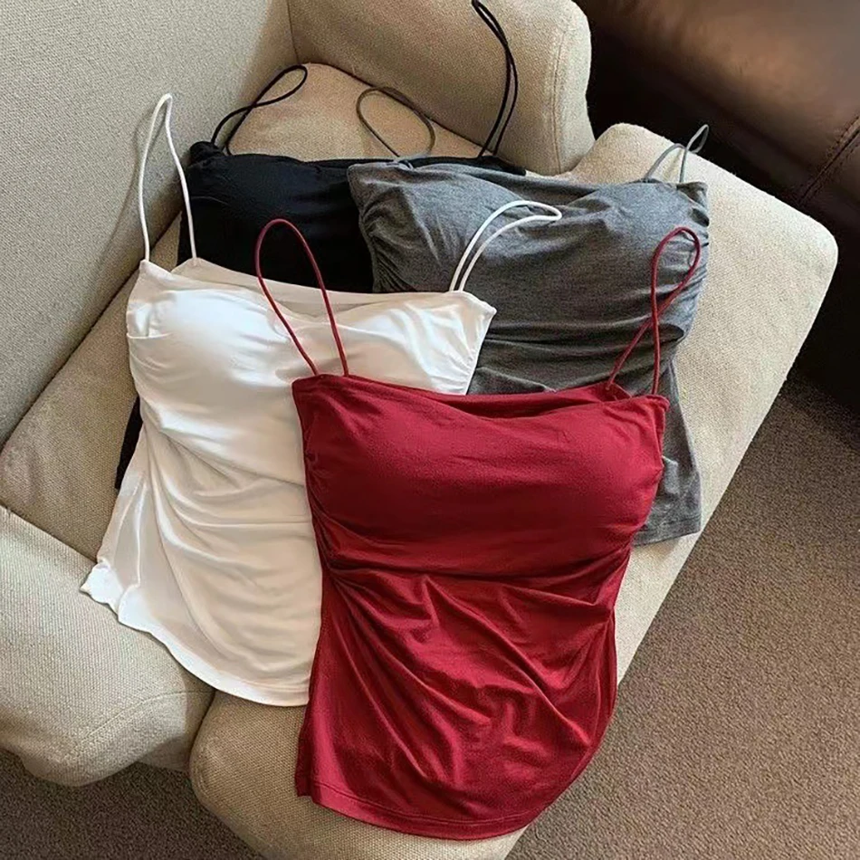 Summer Fashionable Comfortable Girls Solid Color Tank Top Girls Thin Shoulder Strap Pleated Daily Wear Casual Underwear New 4
