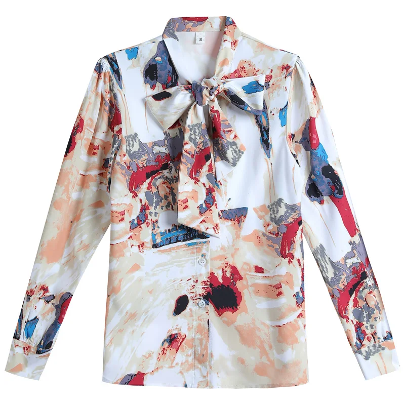 2023 Printed Shirt Women'S Long Sleeve Spring Autumn New Korean Fashion Bow Chiffon Top Fashion Trend Versatile Bottoming Shirt