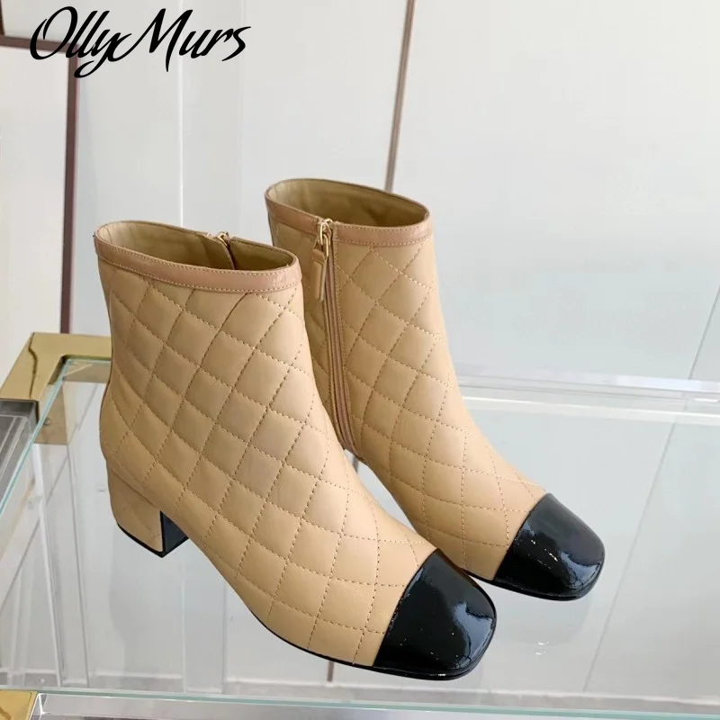

Woman Rhombic Short Boots Mid Heel Square Toe Low-tube Boots Chunky Heel Side Zipper Boots Luxury Brand Shoes Women