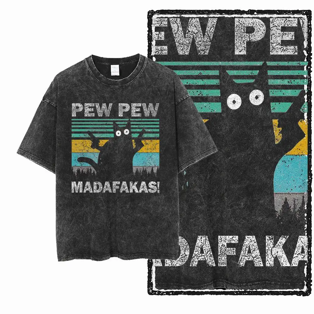 G49 Exklusive Streetwear Übergröße 100% Baumwolle Herren Katzen-Print Grafik T-Shirt | Säuregewaschenes Cooles O-Neck Herren-T-Shirt – Detail 4