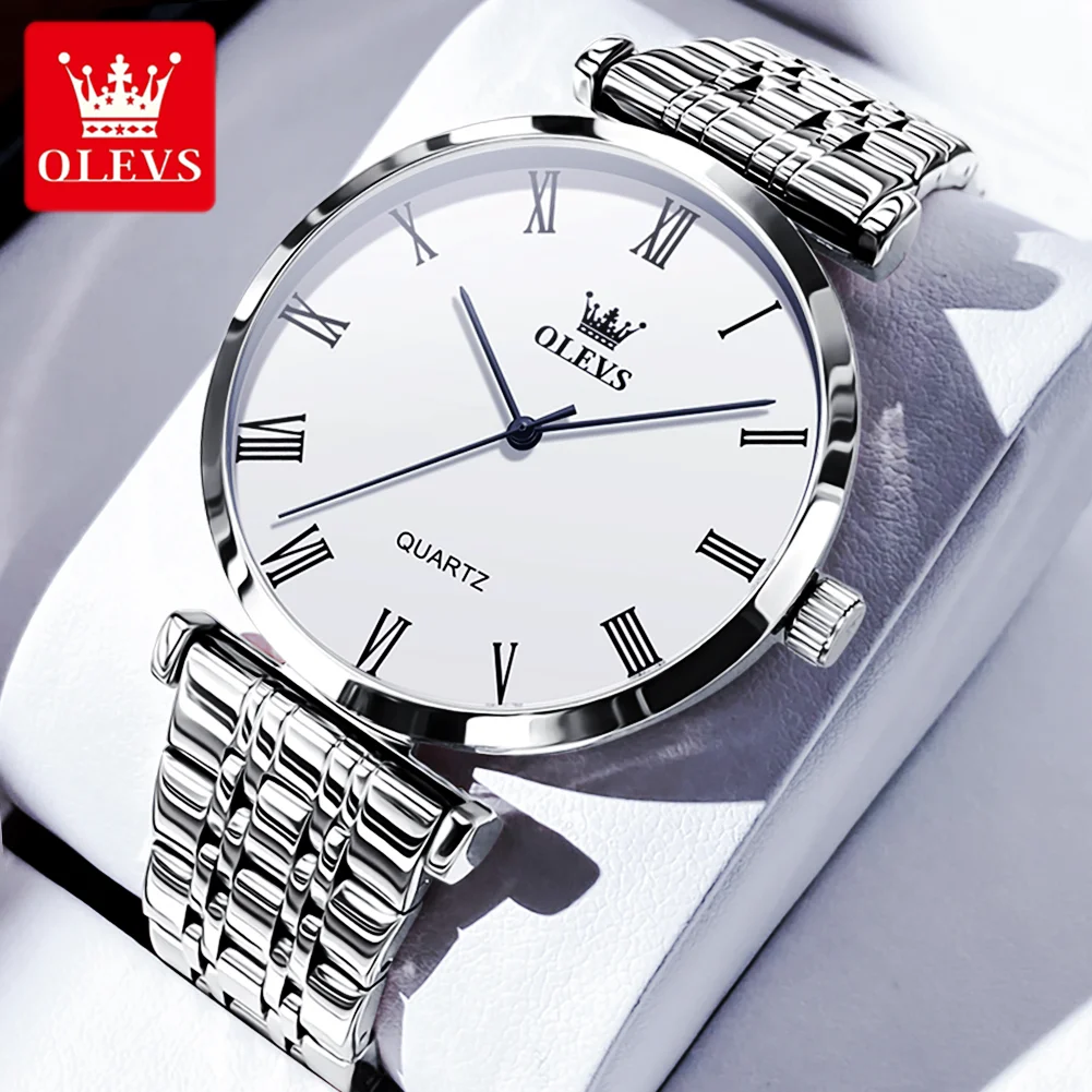 

OLEVS Men's Watches Simple Fashion Roman Numeral Dial Original Quartz Watch for Man Waterproof Stainless Steel Butterfly Buckle