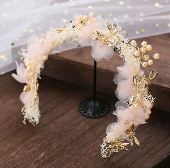 White Blue Pink Wedding Flower Crown Bridal Headband Floral Hair Wreath with Ribbon Girl Headwear Hair Accessories For Women