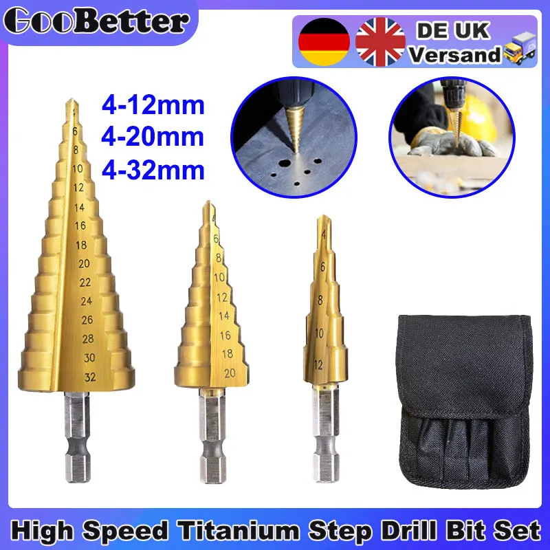 3Pcs Step Drill Bit Set Titanium Coated Stepped Drills Bit Saw Tools Wood Metal Hole Cutter 4-12 4-20 4-32mm Core Holes Opener