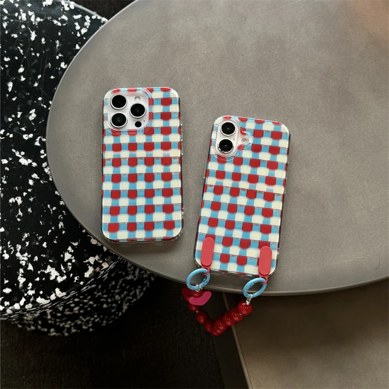 Niche Red and Blue Plaid Wrist Chain Phone Case - Best Friend Gift