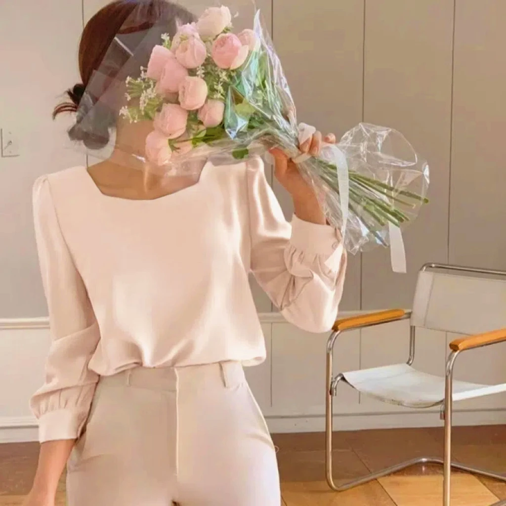 Elegant Square Collar Blouse for Women, Casual Loose Tops, Puff Sleeve, Simple Shirts, Spring and Autumn Fashion, 2024 New 8276