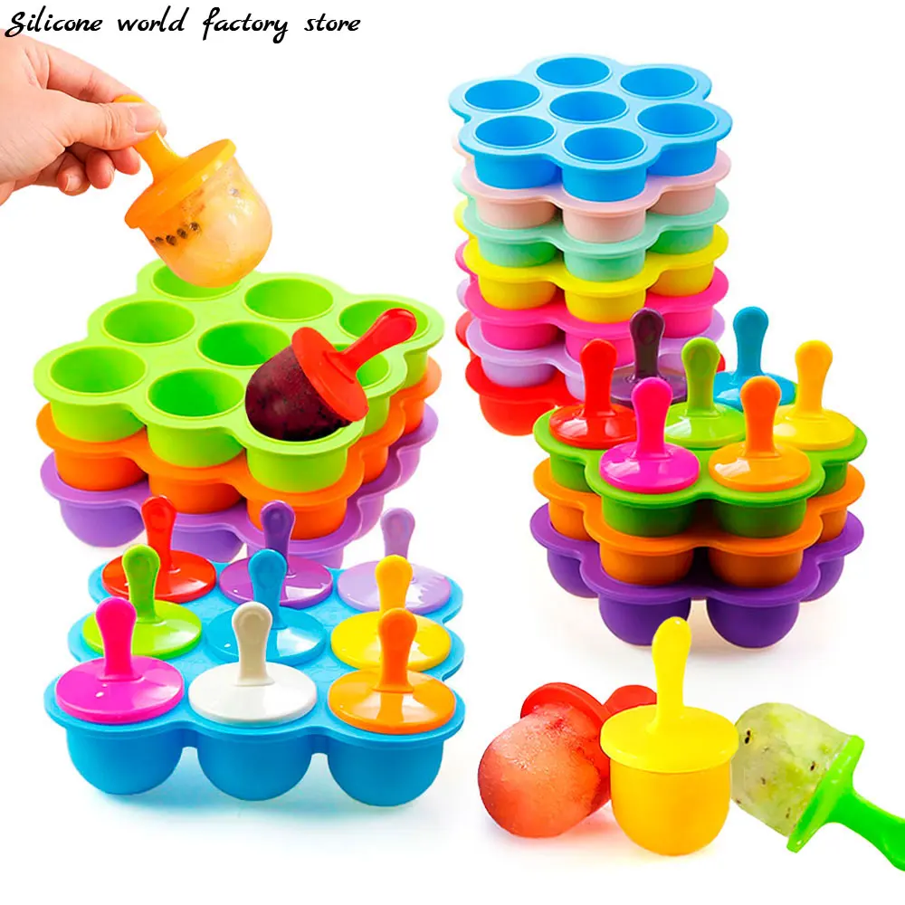 Silicone World 9/7 Holes Popsicle Silicone Molds DIY Ice Cream Pops Mold Ice Tray Children Fruit Shake Complementary Food Box ice mold ice cream molds