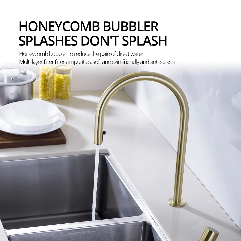 Brushed Gold Kitchen Faucet Invisible Pull Out Spray Mixer Double Hole Single Handle Solid Brass Hot and Cold Separate Sink Tap