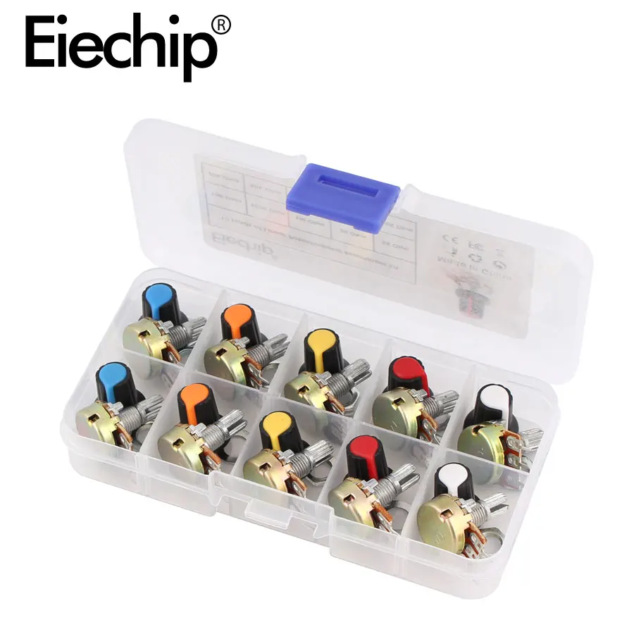 WH148 Potentiometer Kit 1K 2K 5K 10K 20K 50K 100K 250K 500K 1M 15mm Linear Taper Rotary Potentiometer Set 3Pin With Knob Cap adjustable resistor multiturn potentiometer linear potentiometer rotary potentiometer potentiometer knobs potentiometer kit trimmer potentiometer