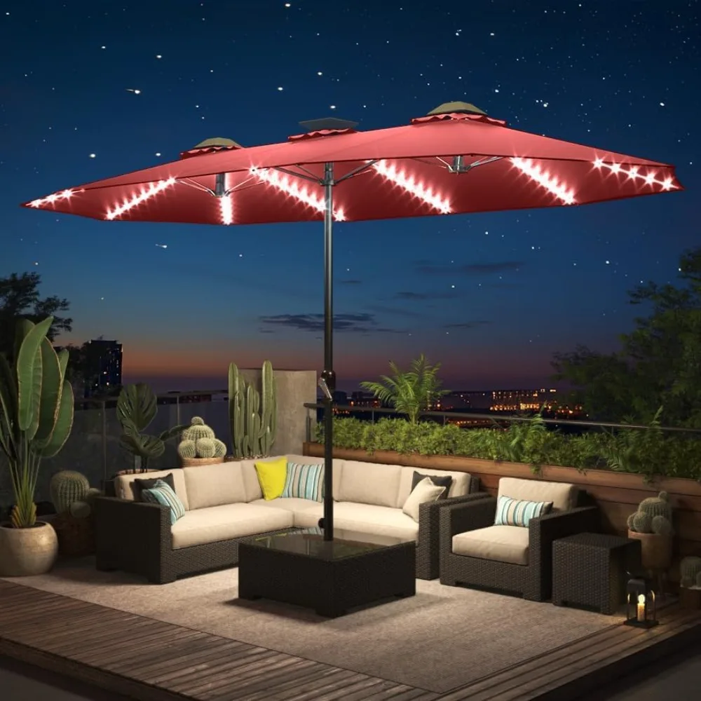 

15ft Patio Umbrella with Solar Lights,Large Double Umbrella Outdoor Patio,Rectangle Table Umbrella for Backyard Deck Pool Shade